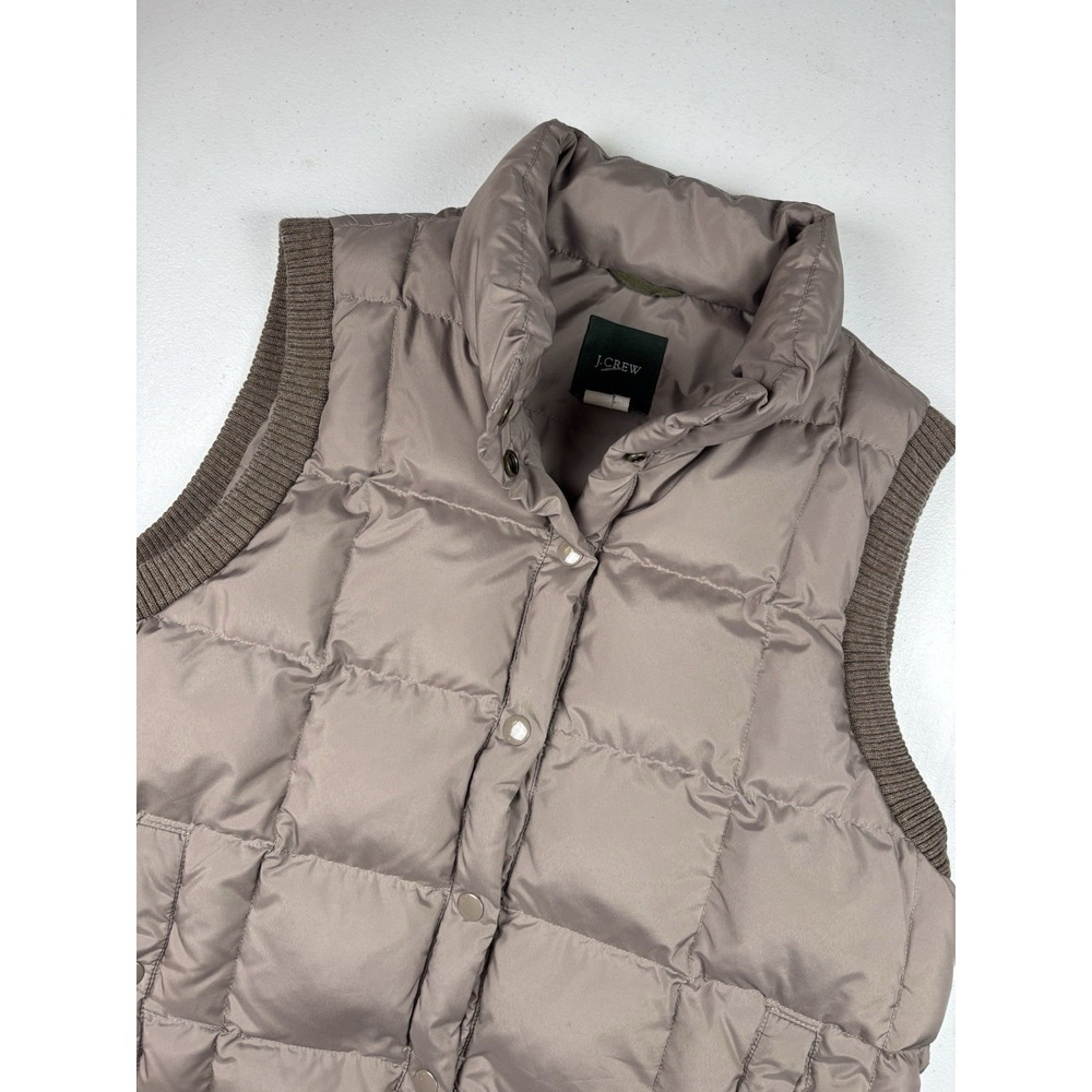 J. Crew Puffer Vest Down Filled‎ Women's Sz Large Brown Zip Snap EUC
